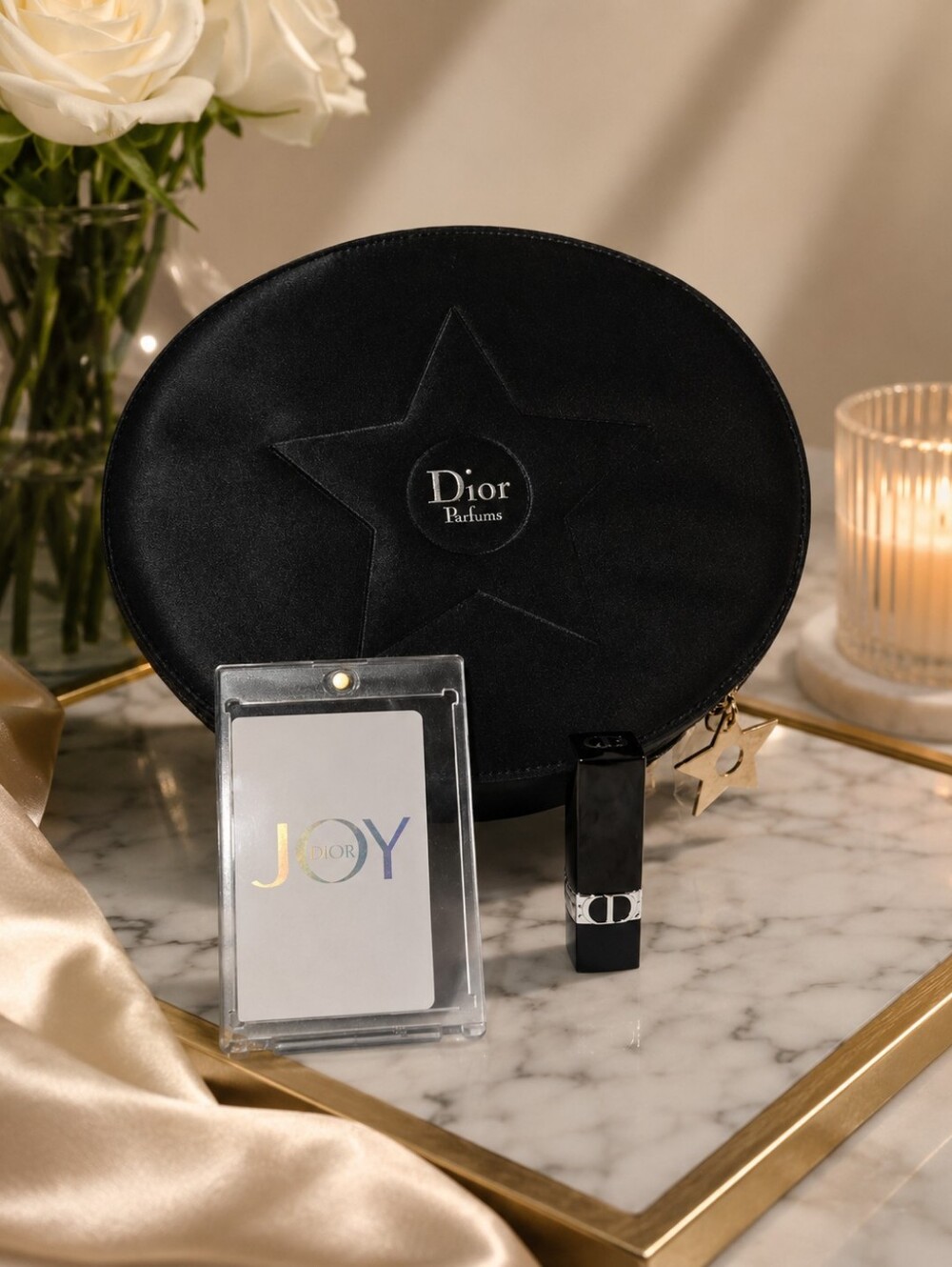 Dior Parfums Black Vanity Cosmetic Case w/ Lipstick & JOY Card